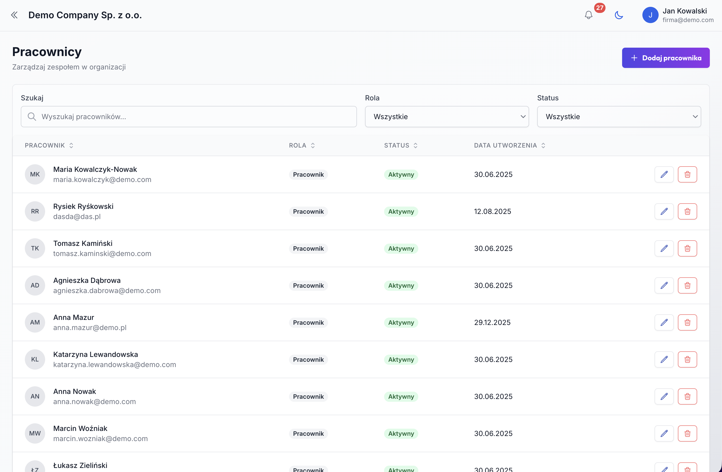 Lista pracowników z profilami i strukturą organizacyjną