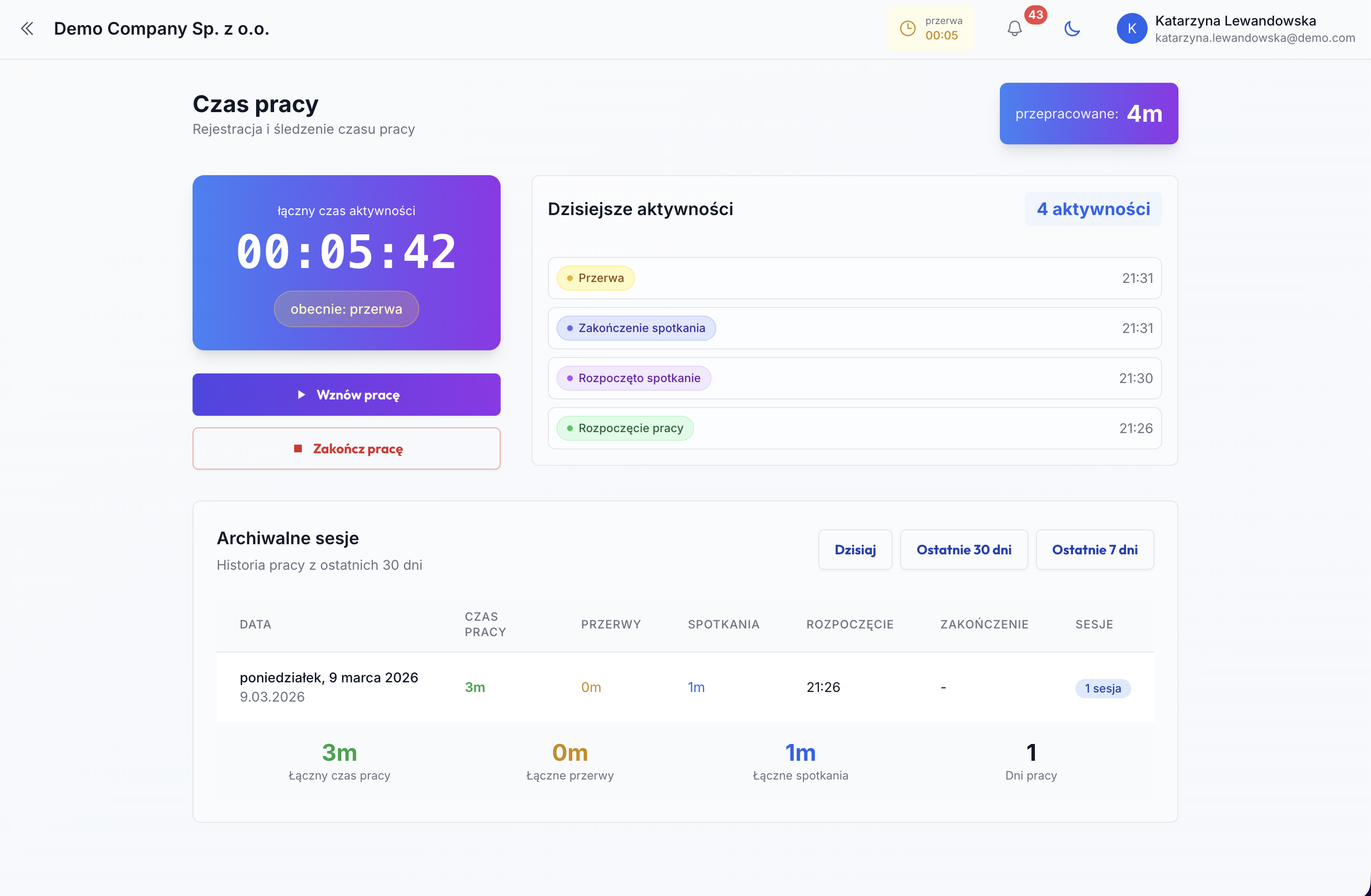 Panel śledzenia czasu pracy z timerem