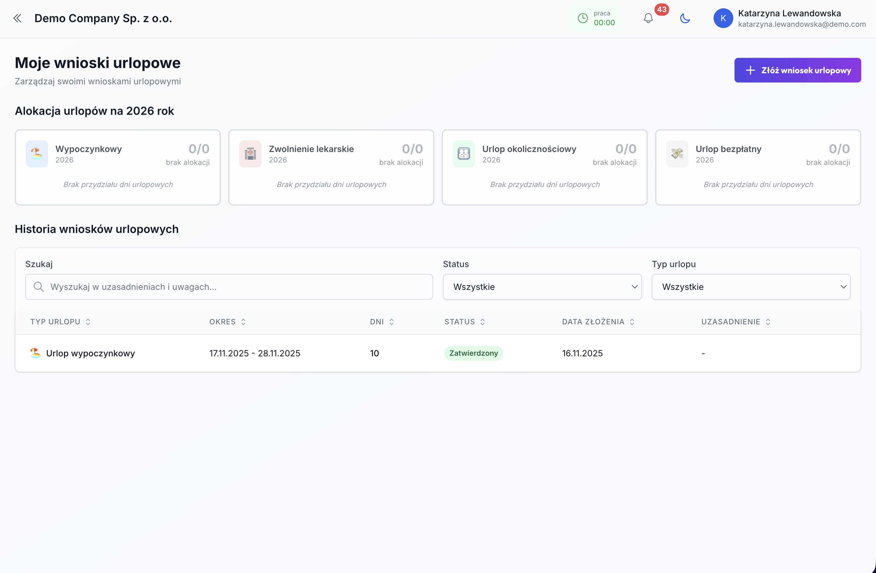 System wniosków urlopowych i kalendarz nieobecności